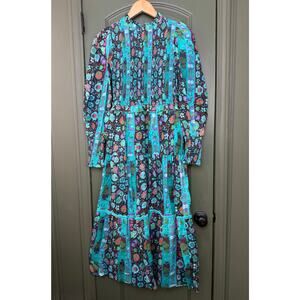 NWT Ro's Garden Ivy Maxi Colorful Smocked Boho Art Dress Yeshi Aqua Teal XS